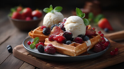 Traditional Belgian waffles with ice cream and berry fruits, homemade healthy breakfast
