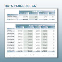 Data Table Design Template with Placeholder Text, Columns, and Rows for Business or Financial Presentations, Customizable Design for Reports and Charts