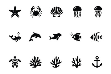 Obraz premium Marine life and sea creatures silhouette icons