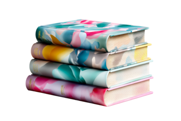 A stack of four books featuring vibrant covers with abstract designs