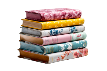 Stacked vintage books with decorative covers on transparent background