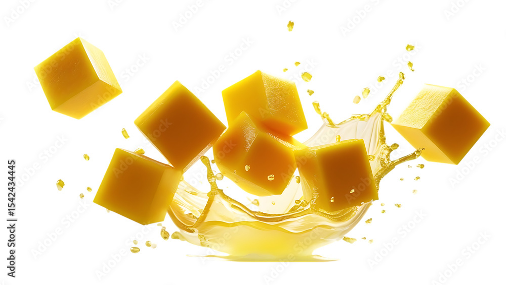Poster yellow cubes splashing in juice isolated on transparent background isolated on white background