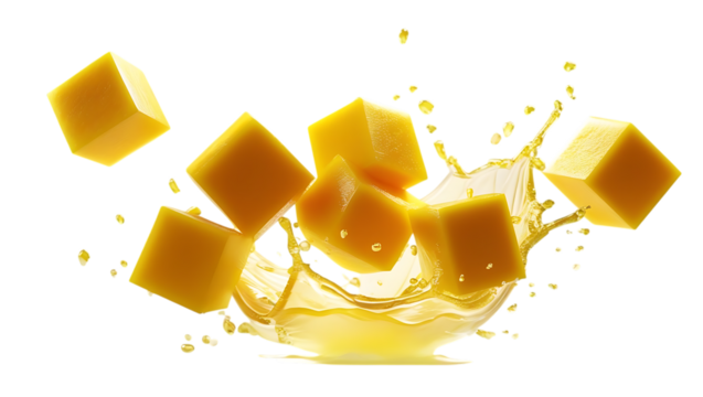 Yellow cubes splashing in juice isolated on transparent background isolated on white background