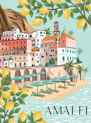 Amalfi coast, Italian town, beach, lounge chair, umbrella, lemon tree, palms, sea wave, island illustration. Summer Mediterranean print.