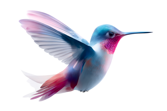 Colorful hummingbird in mid flight with wings extended