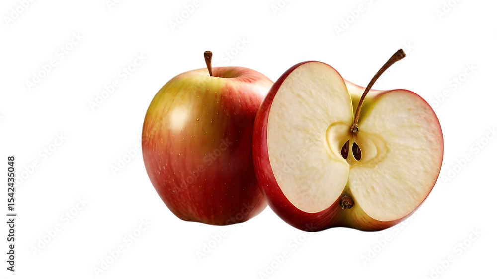 Poster red apple and half apple isolated on transparent background isolated on white background