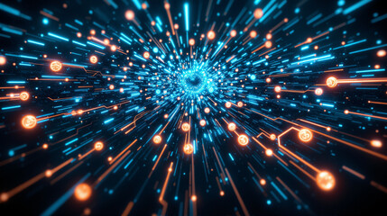 Fototapeta premium s a blue and orange abstract background with a black hole in the middle