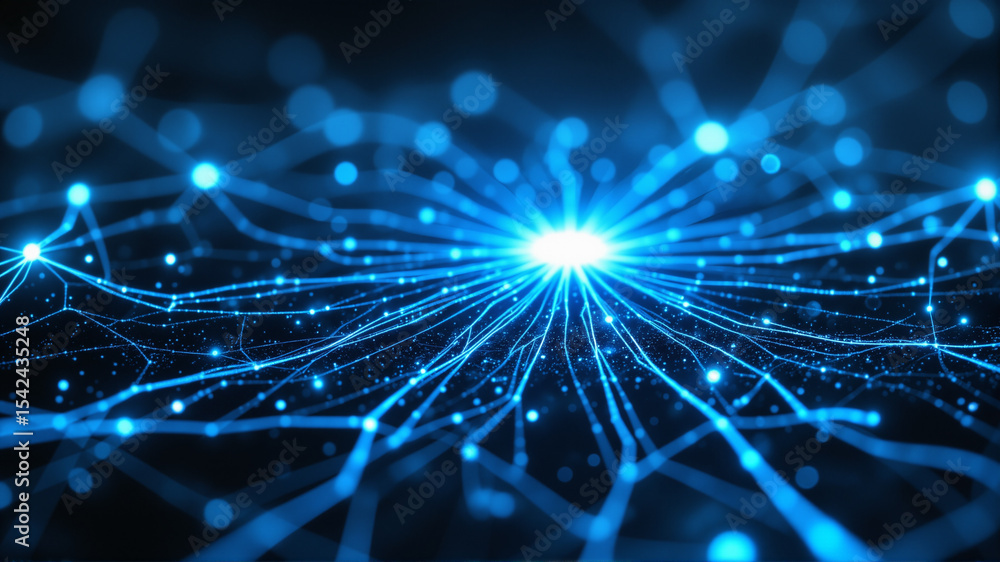 Poster s a blue network of connected lines and dots on a black background