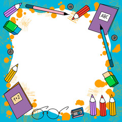 Cartoon stickers with school supplies on white background. Colorful kids style geometric scribble lines, study and work supplies, background with modern playful basic shapes.