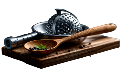 Technical sketch of culinary tools arranged like architectural blueprints with wooden spoon, garlic press, funnel, colander, and pizza cutter. Ultra HD