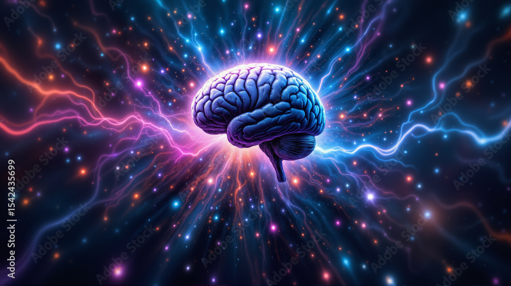 Poster s a brain in the middle of a nebula filled with colorful lights and lightning bolts