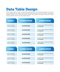 Data Table Design Template with Placeholder Text, Columns, and Rows for Business or Financial Presentations, Customizable Design for Reports and Charts