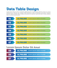 Data Table Design Template with Placeholder Text, Columns, and Rows for Business or Financial Presentations, Customizable Design for Reports and Charts