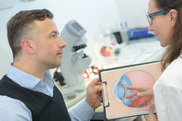 doctor showing eye models to patient