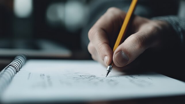 A close-up image of a hand holding a pencil, sketching ideas on a notepad, reflecting creativity and inspiration in the process of artistic expression and ideation.
