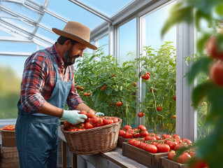 Farmer Harvesting Fresh Tomatoes in a Greenhouse, Organic Vegetables and Plants

