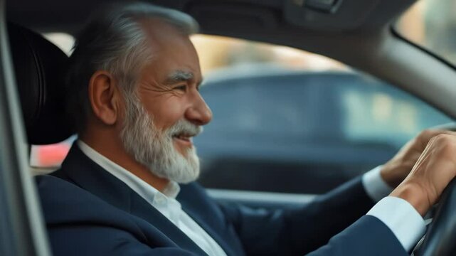 Senior man in suit driving car and smiling. Portrait of happy bearded male driver looking at camera. Road trip concept, footage.