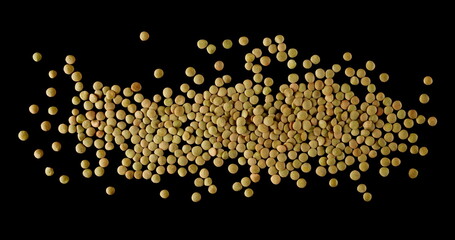 Pile of green uncooked lentils isolated on black background, top view	