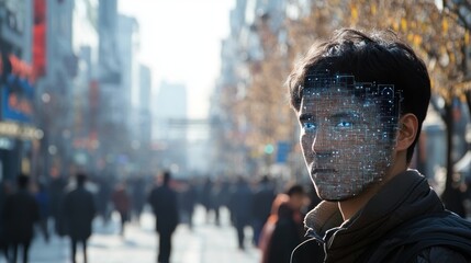 Futuristic face overlay on man in urban city