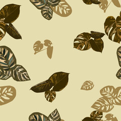 Seamless pattern with monstera leaves in green and brown colors on beige background. Exotic background. Vector illustration for your designs in nature style. To create stylish natural patterns with a 