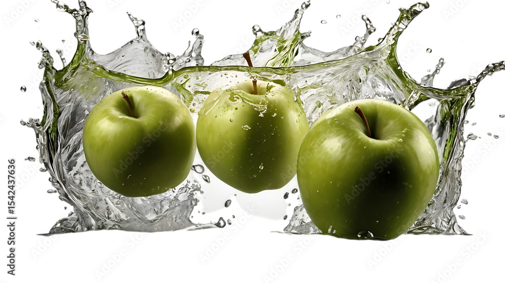 Aufkleber three green apples splashing in water isolated on transparent background isolated on white backgroun