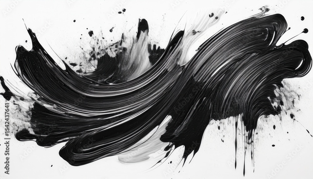 Poster bold black brushstroke wave on white background with dynamic ink texture and paint splatter for mode