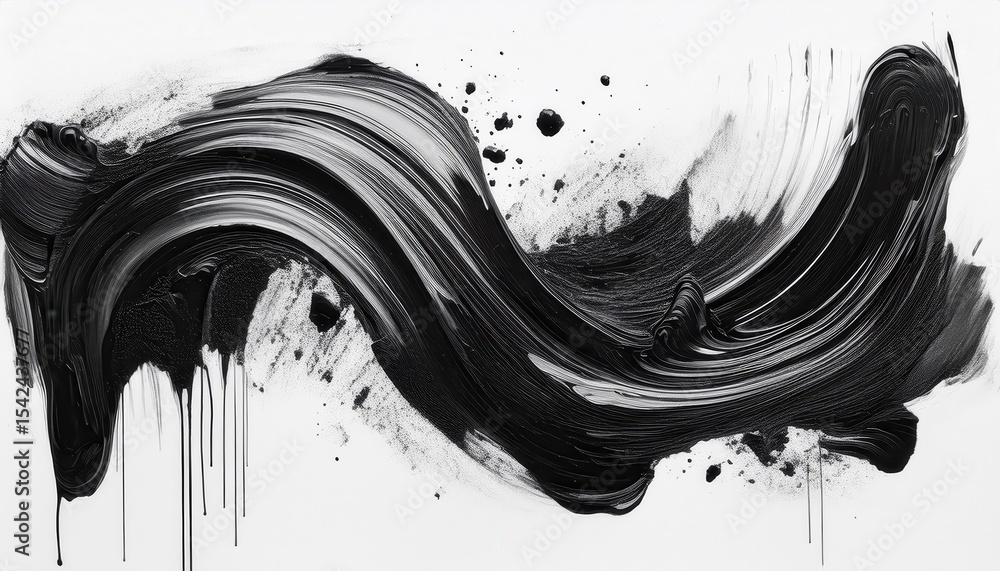 Poster bold black brushstroke wave on white background with dynamic ink texture and paint splatter for mode