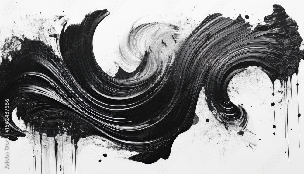 Poster bold black brushstroke wave on white background with dynamic ink texture and paint splatter for mode