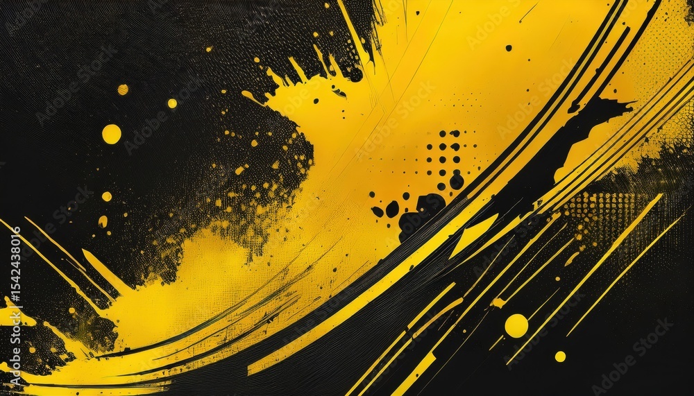 Poster bold yellow and black abstract splatter design with diagonal stripes and halftone grid texture for d
