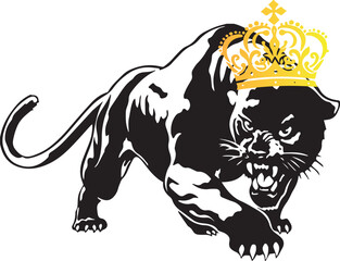 A powerful and majestic vector illustration of a black panther in a dynamic, aggressive stance, wearing an ornate golden crown. This artwork symbolise strength, royalty, and dominance, combining the 