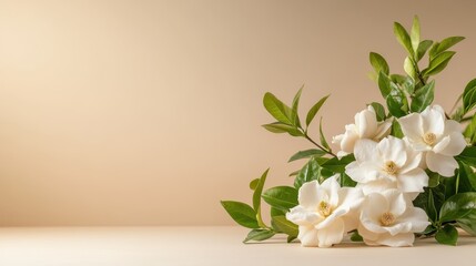 Naklejka premium A delicate arrangement of white flowers with lush green leaves set against a soft beige background, symbolizing purity, freshness, and the beauty of nature.