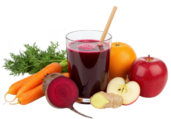 A glass of vibrant juice with carrots, beet, orange, apple, and ginger on a plain surface on transparent background