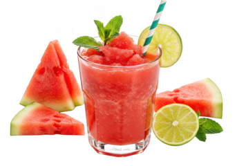 Refreshing summer beverage a watermelon slushy with lime and mint garnish in a clear glass cup on transparent background
