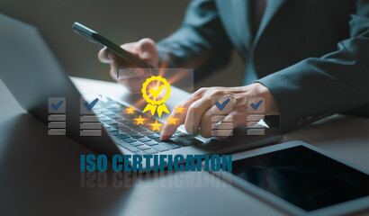 Businessman working with Guarantee concept Certification and Manufacturing International...