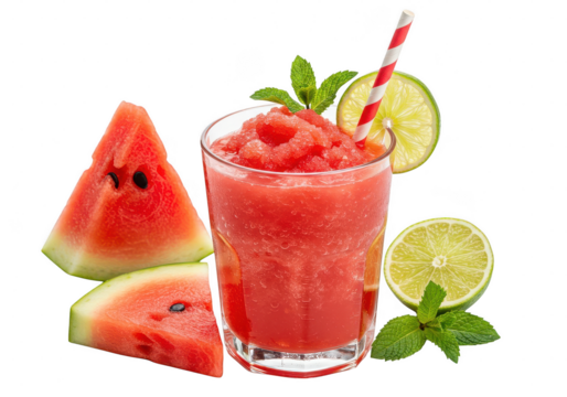 A refreshing watermelon smoothie with lime and mint garnish served in a clear glass cup on transparent background