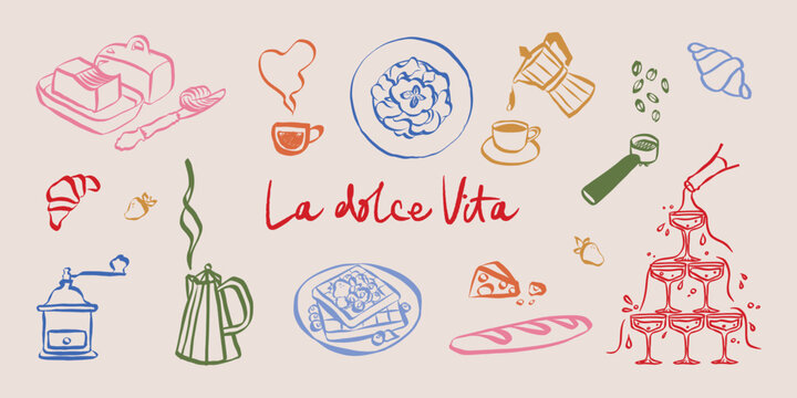 La dolce vita doodles. Whimsical icons of Italian food in simple crayon and sketch style. Trendy art for menus and dinner brunch invitations. Vintage vector illustration