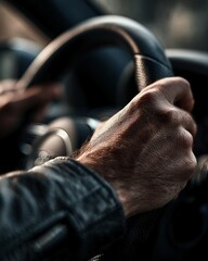 Close-up of a man's hand holding a car steering wheel, captured from driver&rsquo;s perspective. The image highlights natural skin texture and leather material in a modern interior setting.
