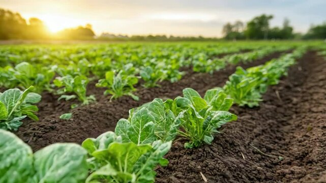 Fresh Green Lettuce Growth in Field at Sunset Showcasing Agricultural Beauty and Vibrant Colors