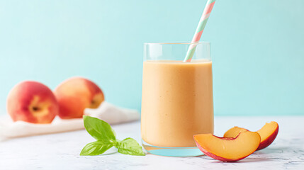 protein shake with peach milkshake, yogurt peaches breakfast drink, Long banner format