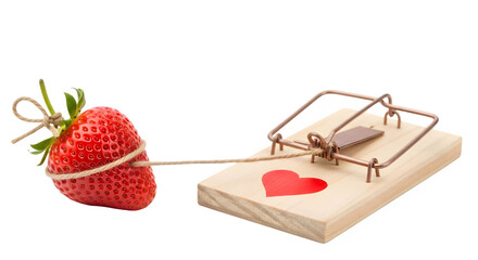 Strawberry trap with heart bait for love and relationship concept and danger of falling in love on transparent background