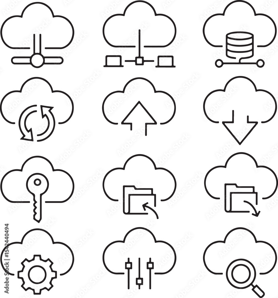 Poster thin line icon set of cloud storage computing web service database data transfer server security. pi
