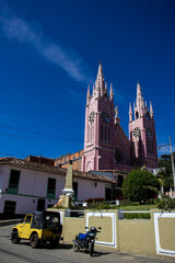 Heritage Town of Jerico located in the Department of Antioquia in Colombia. Pink church of Jerico. Shrine of Saint Mother Laura. Parish of the Heart of Mary.
