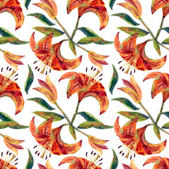 Beautifully stylized orange lily design on a neutral background creating visual harmony, watercolor pattern.