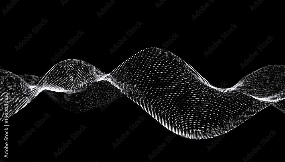 Poster abstract wave of glowing white particles forming a smooth 3d sine curve on black background for digi