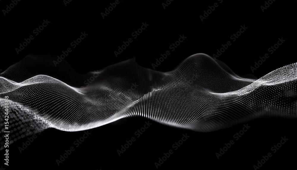Poster abstract wave of glowing white particles forming a smooth 3d sine curve on black background for digi