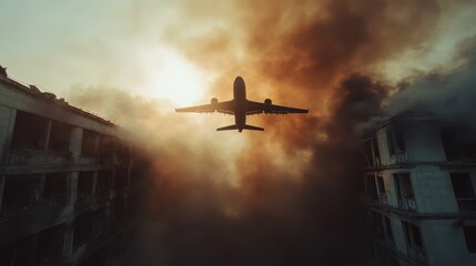Naklejka premium An airplane flies dramatically through a smoky atmosphere, creating a stark contrast against the glowing skyline revealing the impact of destruction on urban landscapes.