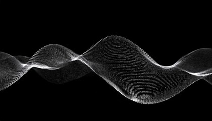  abstract wave of glowing white particles forming a smooth 3d sine curve on black background for digital banner, sound visualization, or web design concept