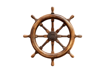 Wooden ship wheel with eight spokes on a transparent background