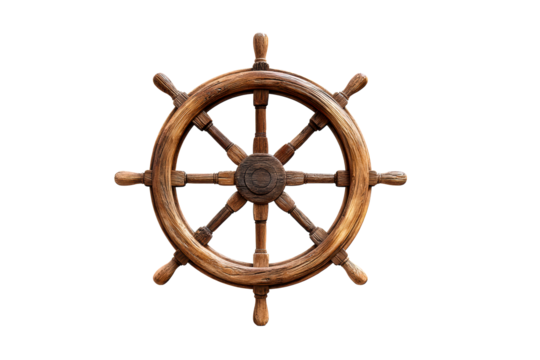 Wooden ship wheel with eight spokes on a transparent background