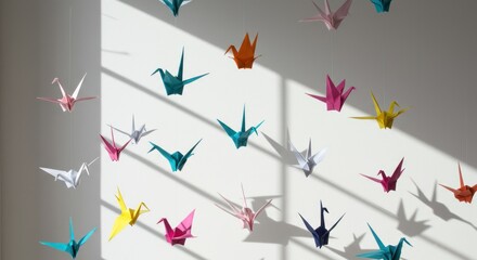 Colorful origami paper cranes hanging against a white wall, casting shadows in bright sunlight.